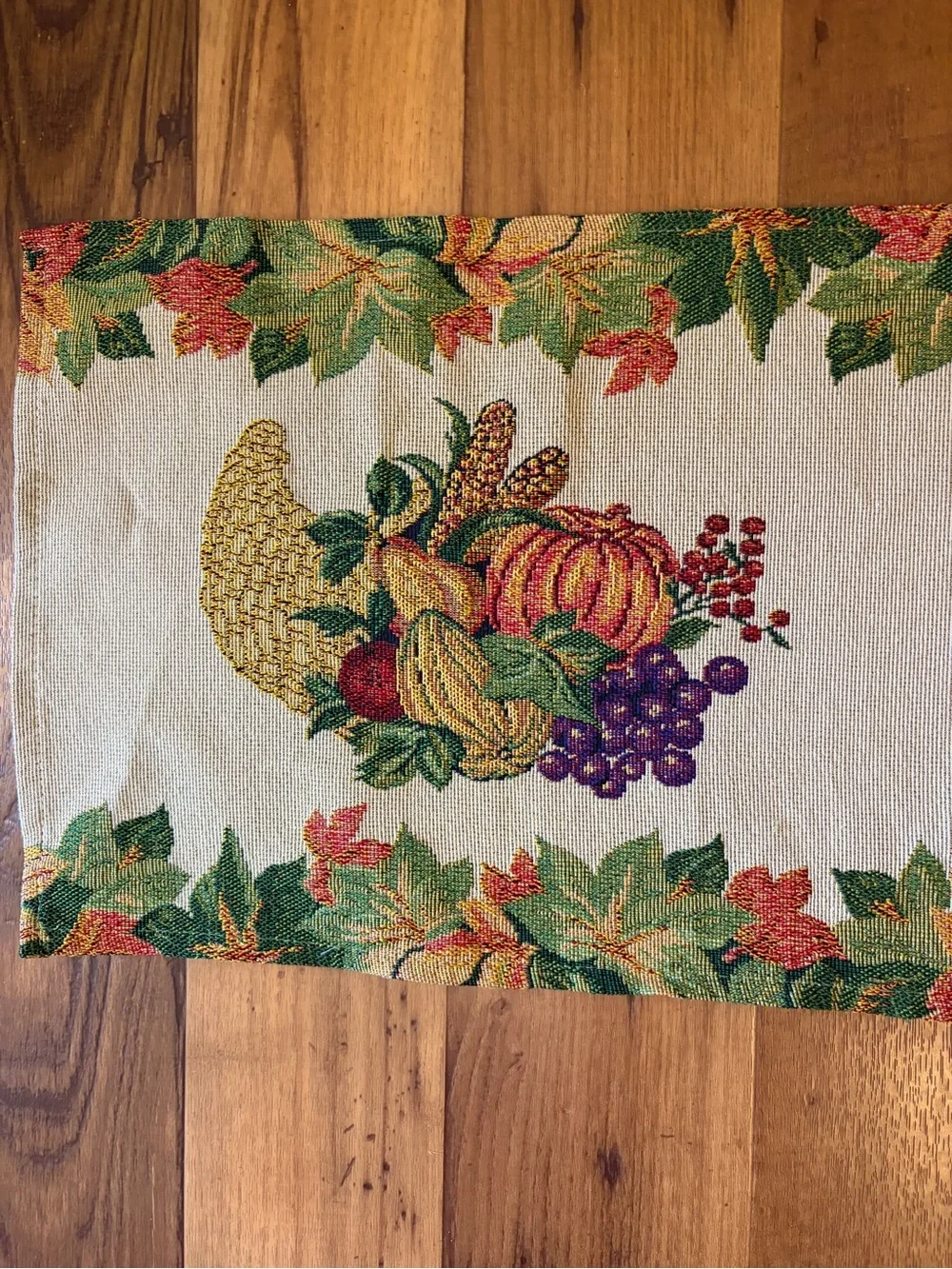 Harvest Cornucopia Tapestry Table Runner in Cream, Orange, Green 68x13 EUC